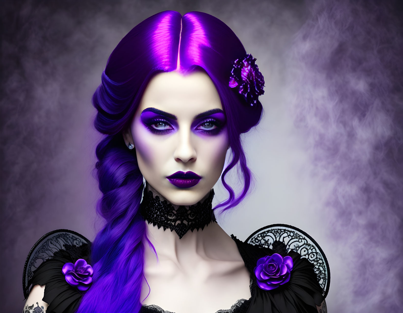 Stylized portrait of woman with purple hair and gothic makeup