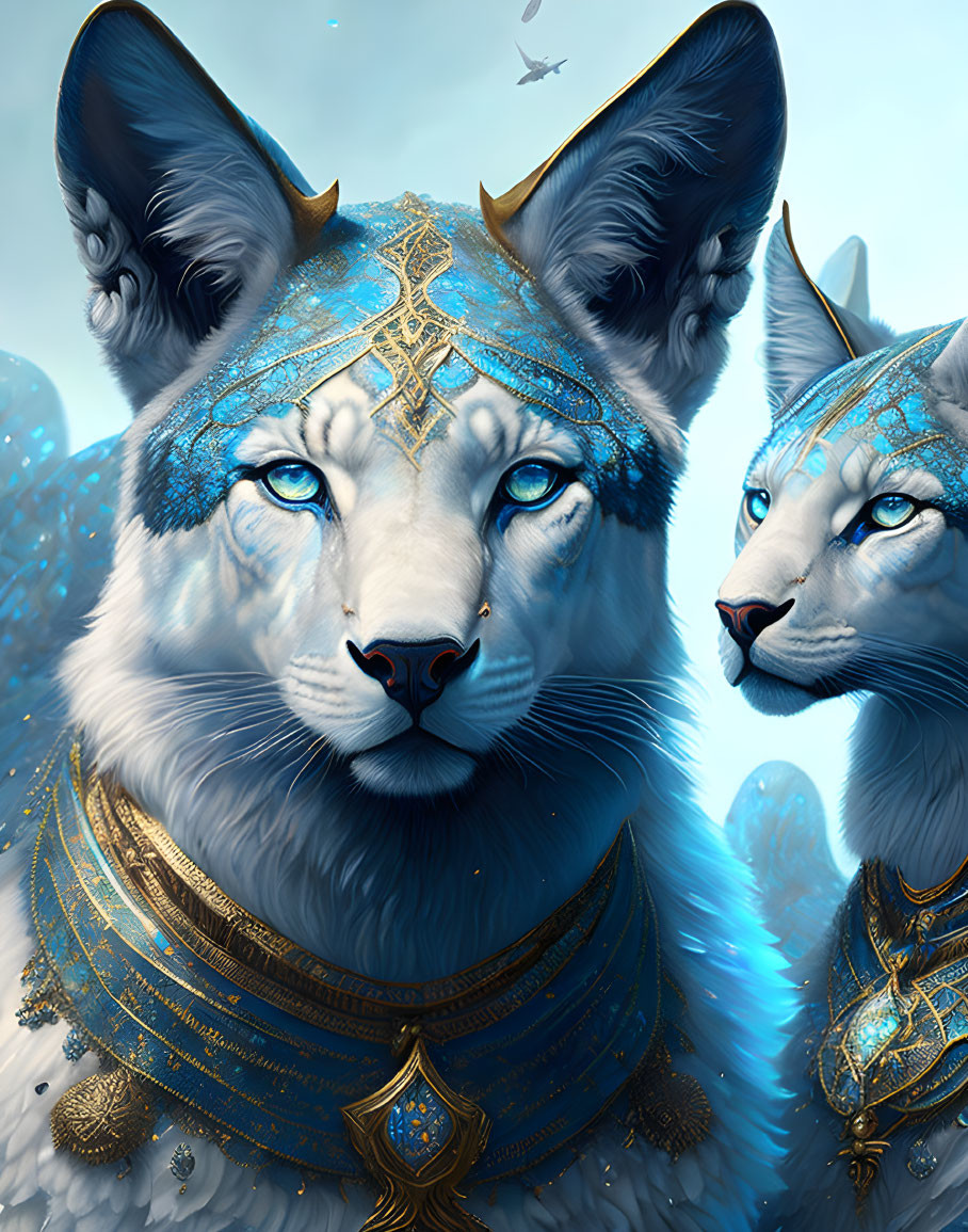 Majestic blue and white fantasy foxes with golden headpieces in soft sky backdrop