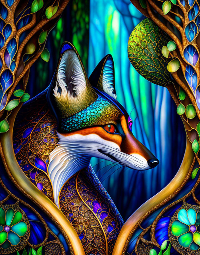 Colorful digital art: stylized fox with intricate patterns and floral motifs