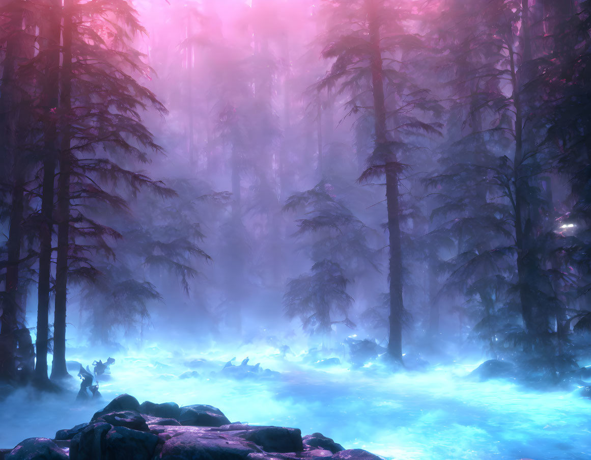 Ethereal blue light in mystical foggy forest