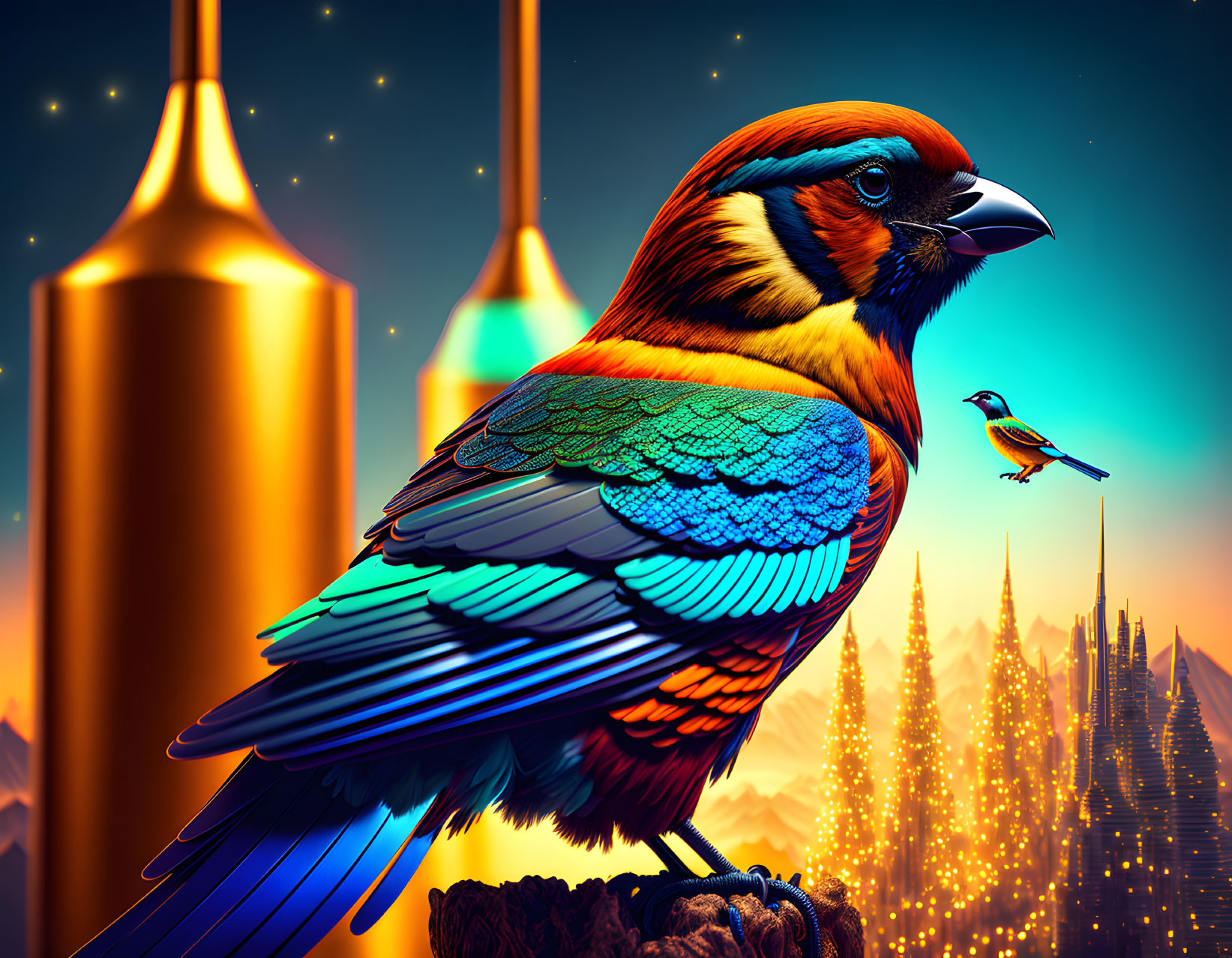 Colorful bird with intricate feathers in futuristic landscape.