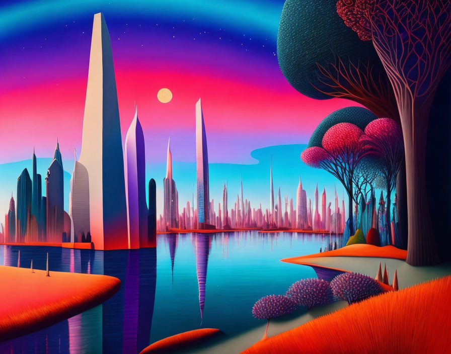 Vibrant surreal landscape with colorful trees and futuristic buildings