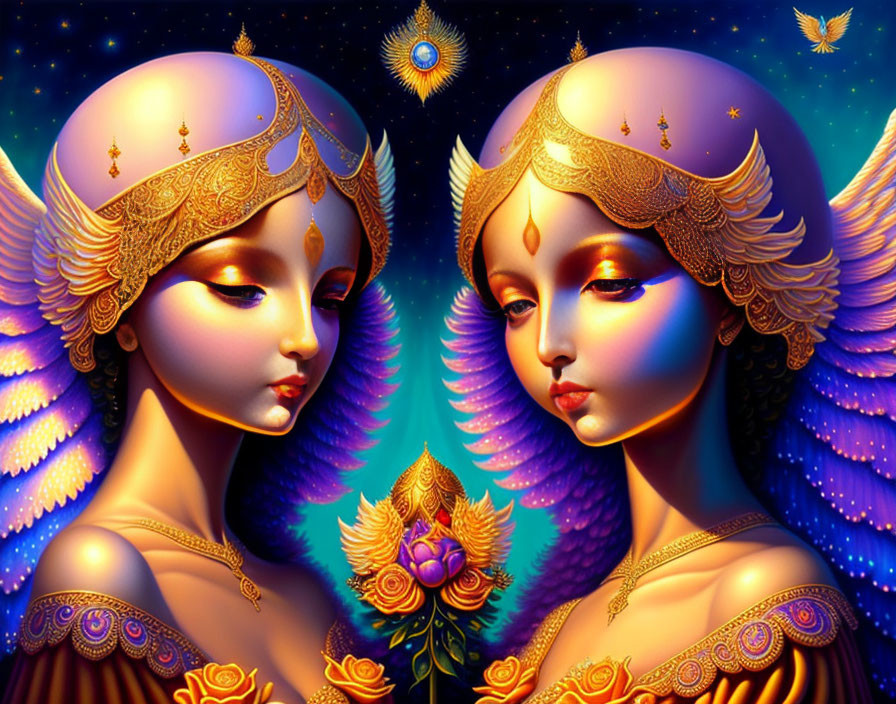 Symmetrical angelic figures with golden headdresses and wings holding a blooming lotus on a star