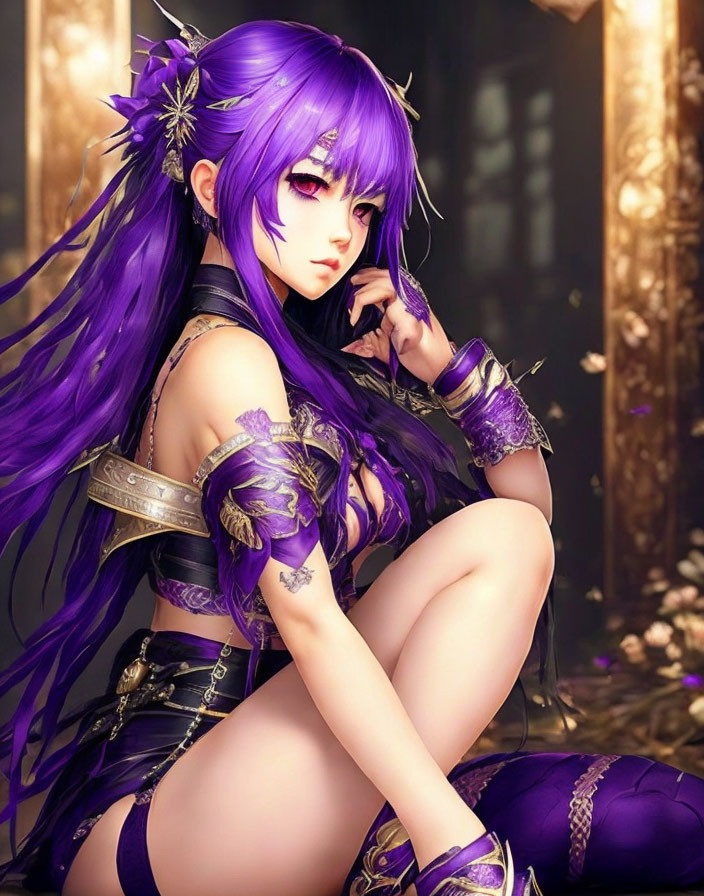 Purple-haired anime-style girl with elf ears and violet eyes in ornate golden-armored attire and floral