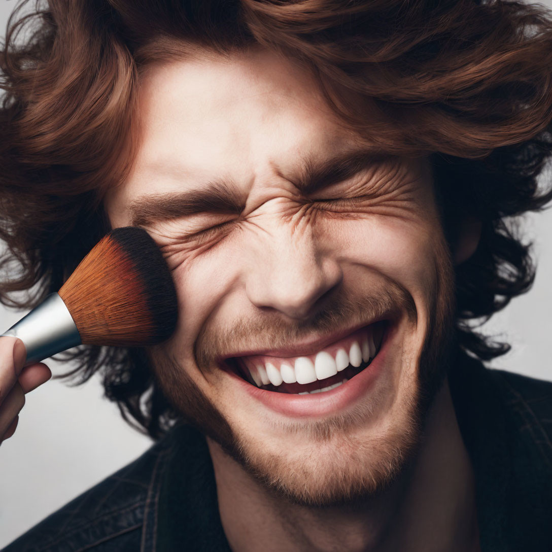 Curly-haired man squinting with a smile, makeup brush on his cheek