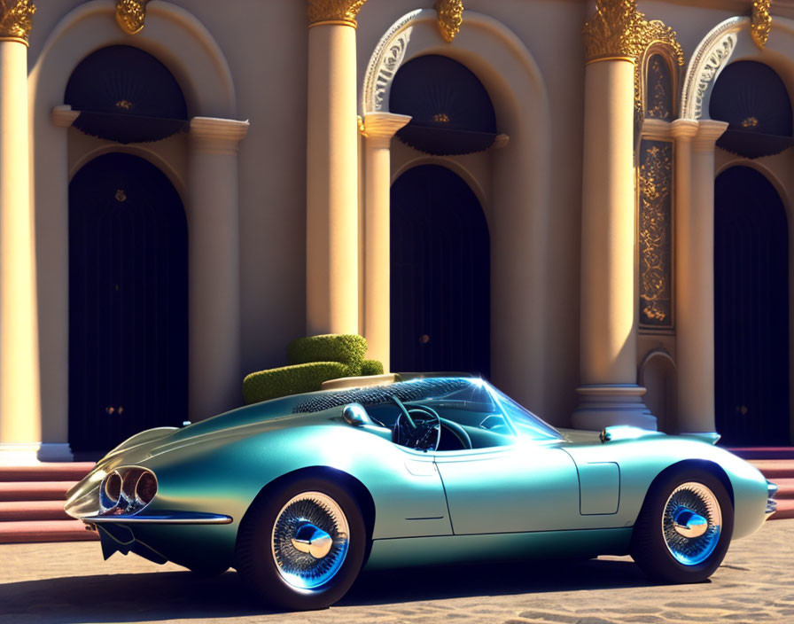 Turquoise Sports Car with Blue-Tinted Wheels in Front of Elegant Building