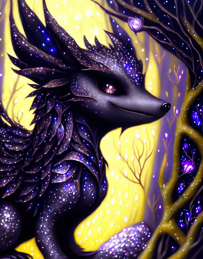 Black dragon with starry scales and red eyes in mystical forest landscape
