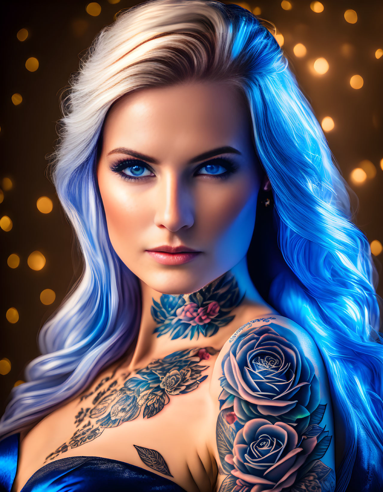 Vibrant digital portrait of a woman with blue hair and floral tattoos