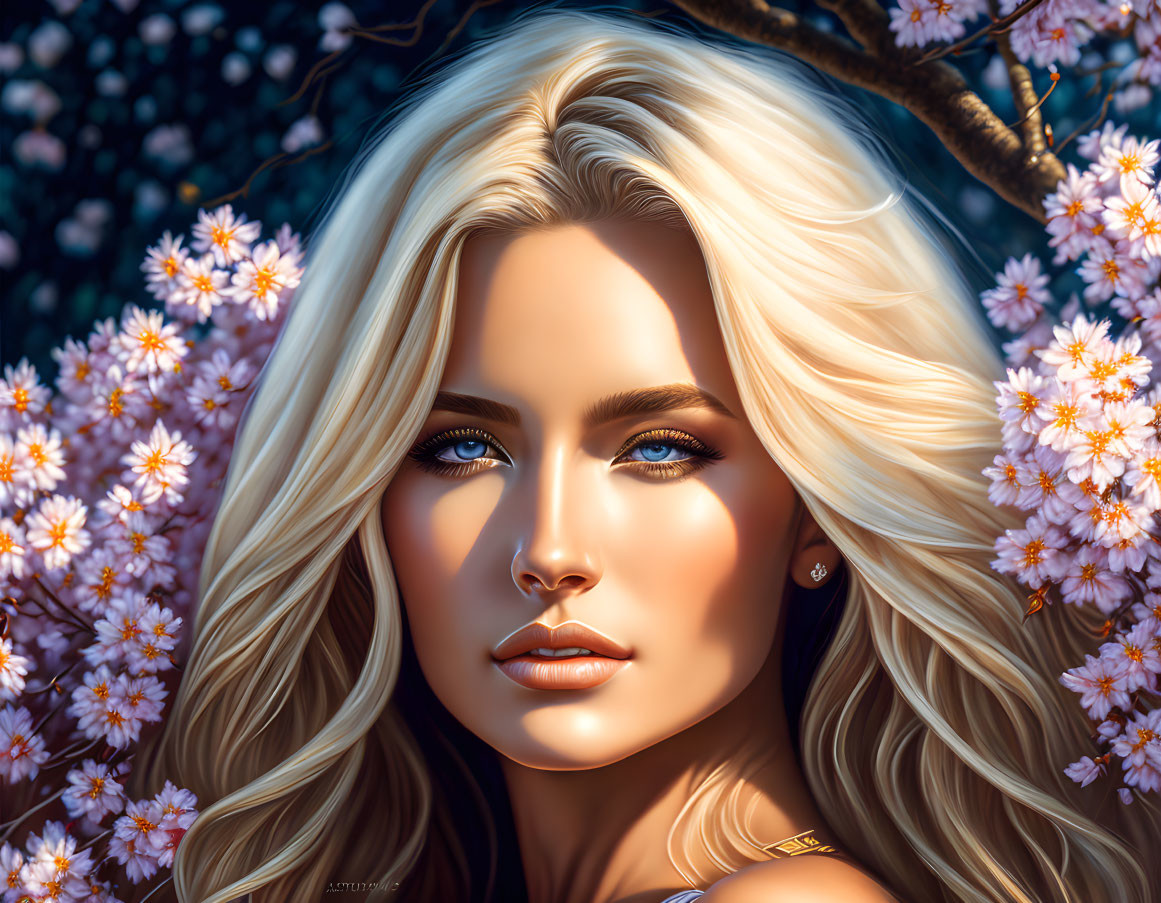 Blonde woman with blue eyes in pink cherry blossom setting