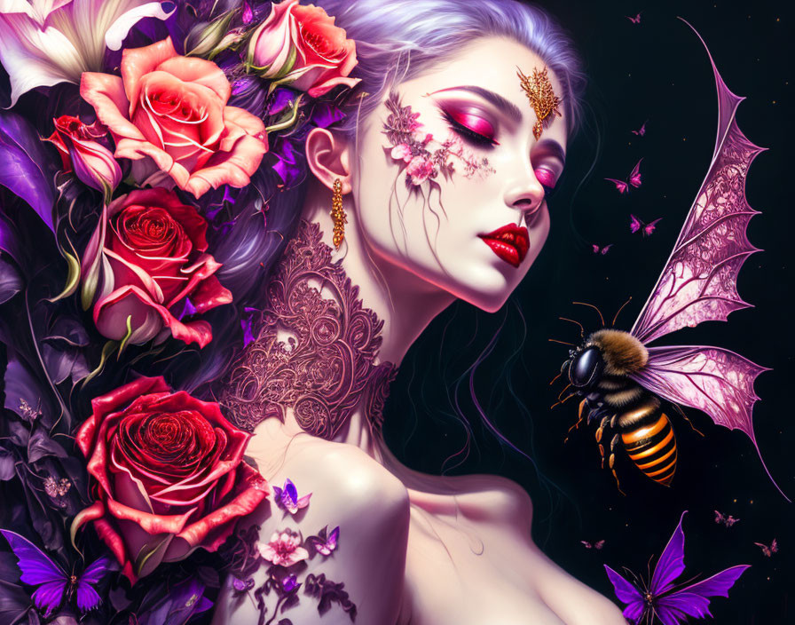 Fantasy portrait of a woman with floral and gold makeup surrounded by roses, butterflies, and bee.