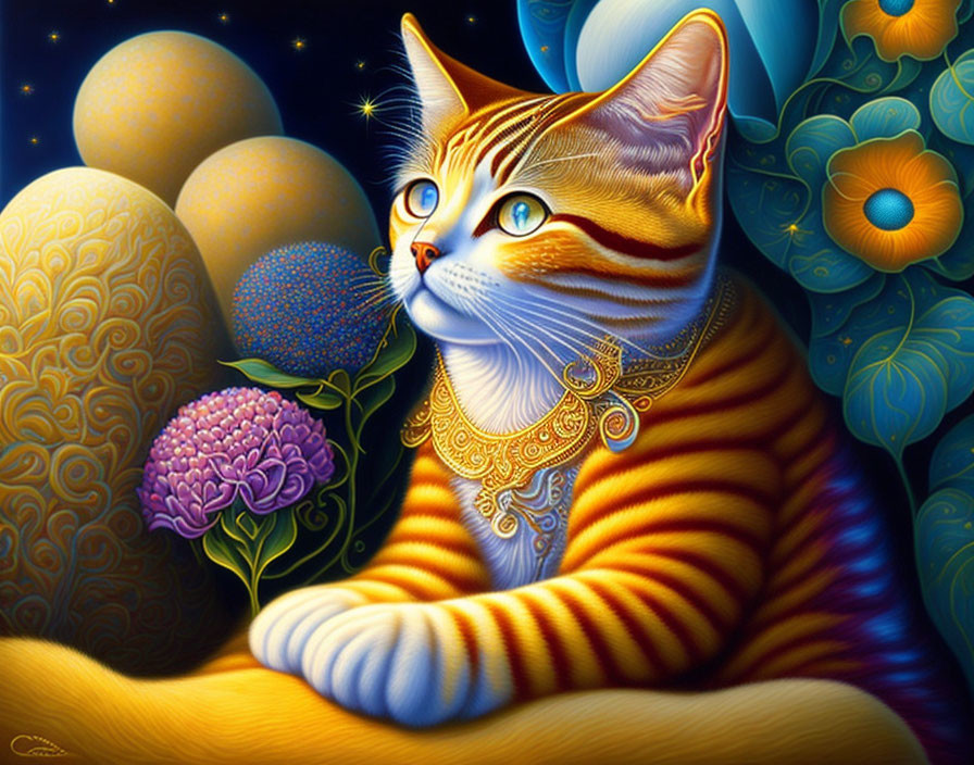 Colorful painting of an orange cat with golden necklace, surrounded by eggs and flowers