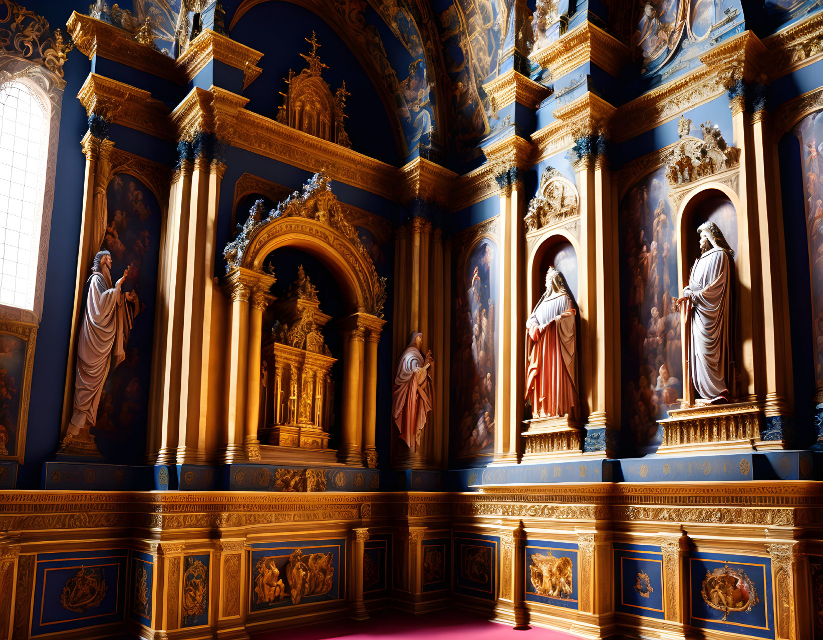 Luxurious Baroque-style room with gold and blue decor and statues in niches