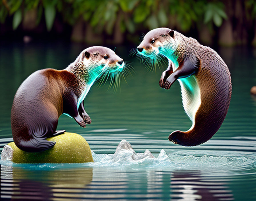 Neon Outlined Otters Interacting by River