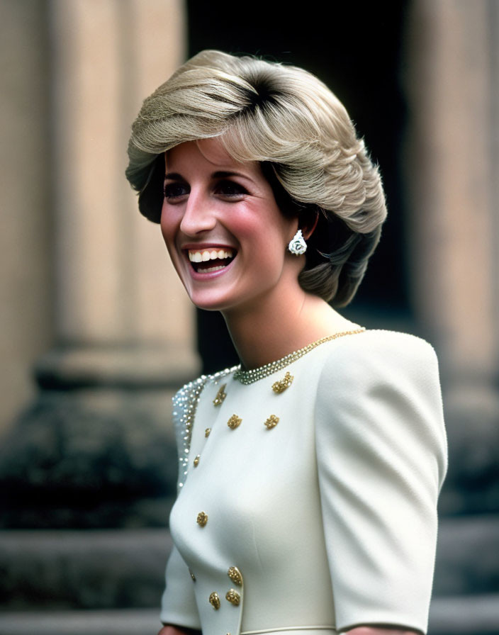 Blonde woman in cream outfit with pearl jewelry