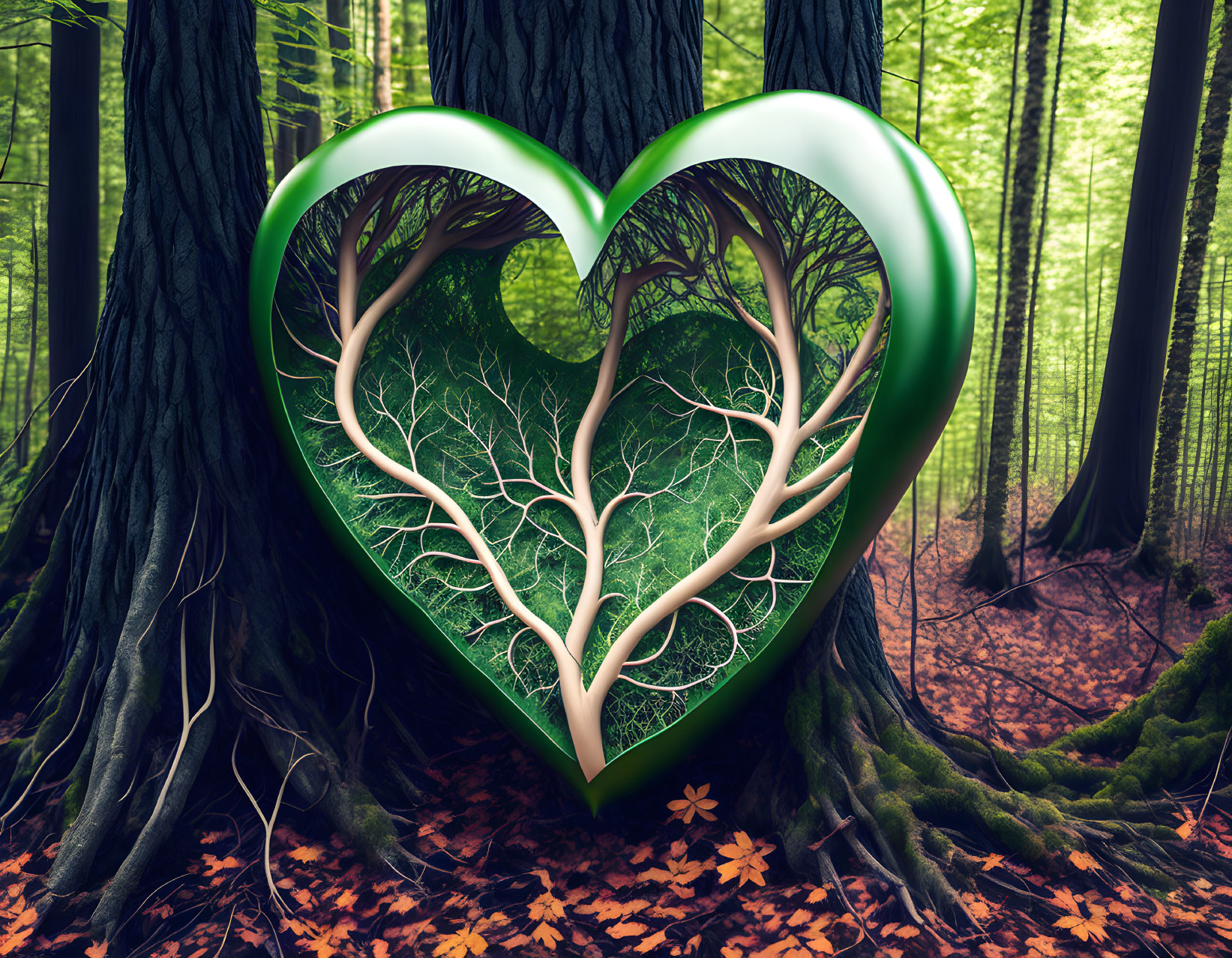 Glowing green heart with tree-like branches in mystical forest