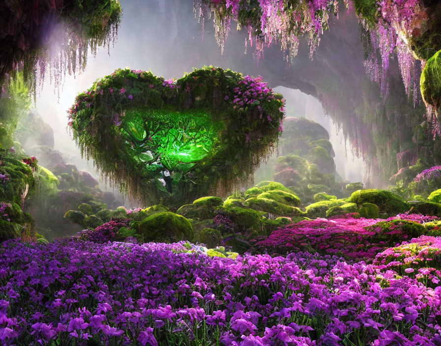 Enchanting forest with heart-shaped canopy, glowing tree, and purple flower carpet