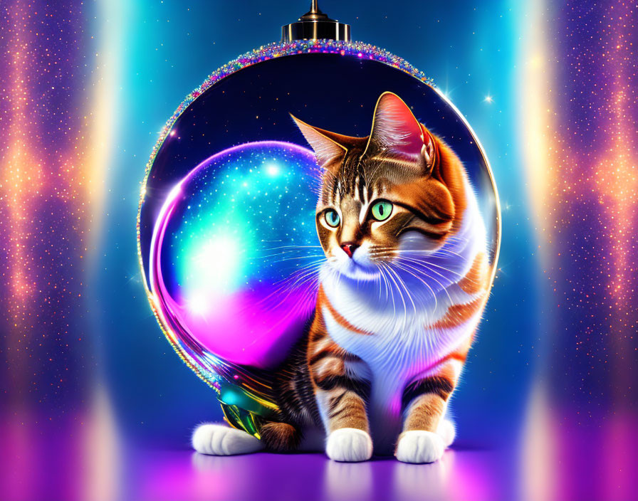 Colorful Tabby Cat Illustration in Christmas Ornament on Cosmic Background