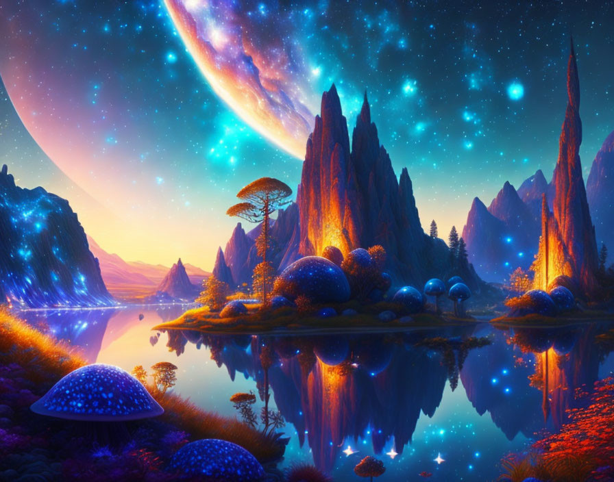 Fantasy landscape with towering rocks, oversized mushrooms, serene lake, starry sky.