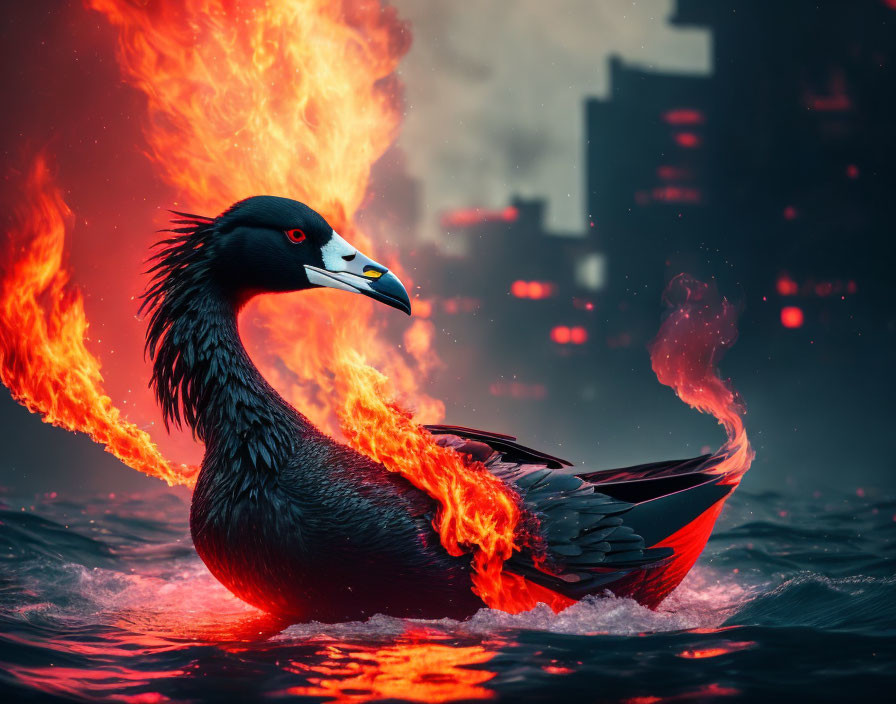 Digital artwork: Black swan with fiery wings on water against red cityscape