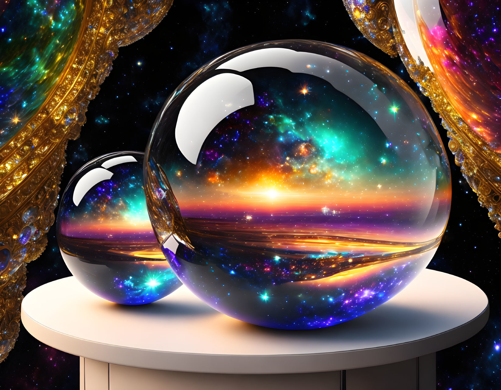 Glossy Spheres Reflect Cosmic Scene with Stars and Nebulae