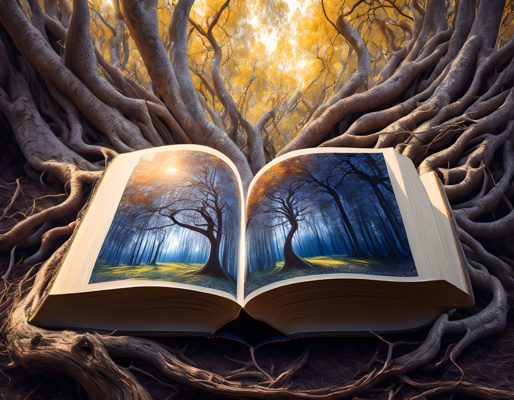 Open book displaying lush forest scene with golden canopy