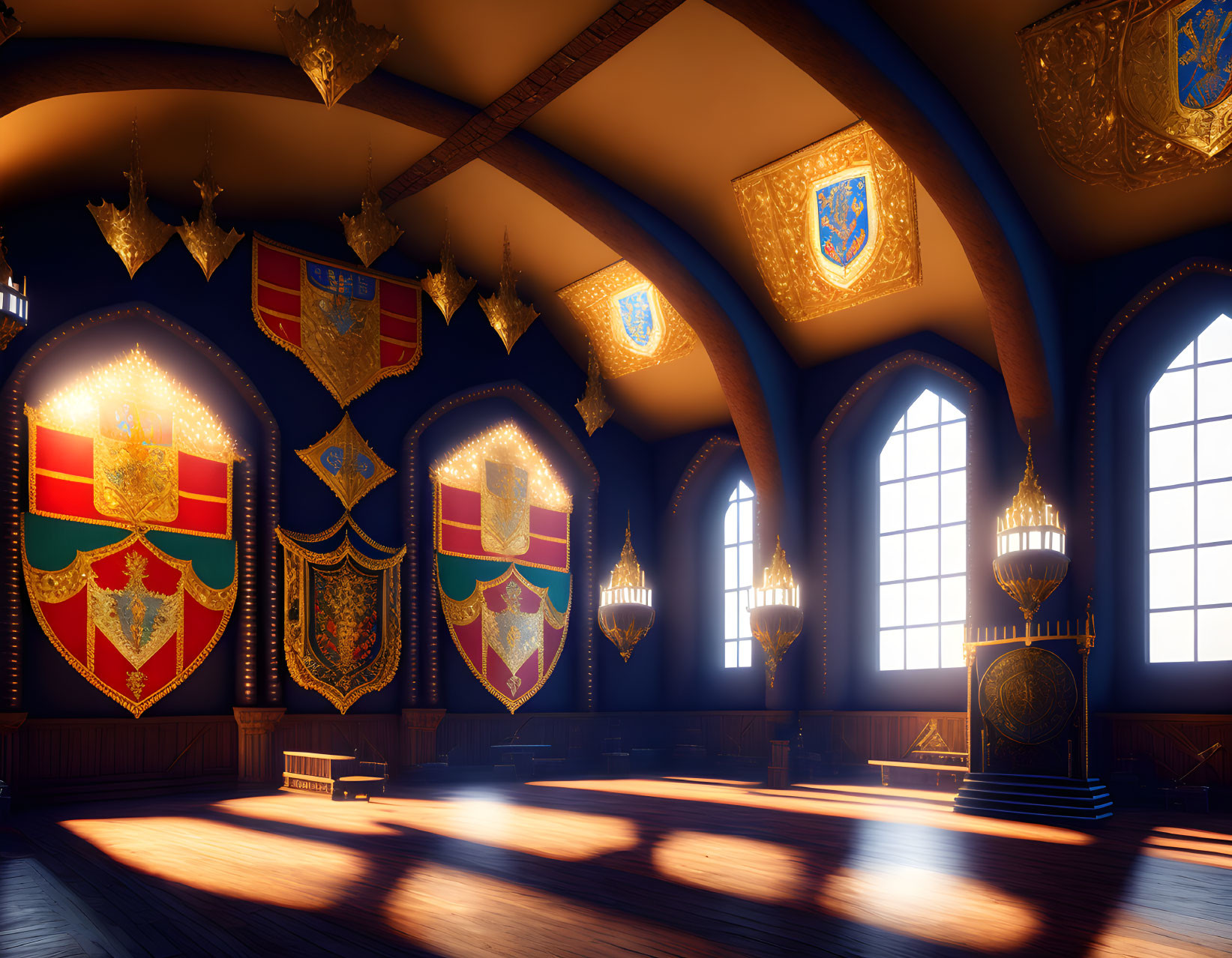 Medieval-style Hall with Heraldic Banners, Arched Windows, and Golden Chandeliers