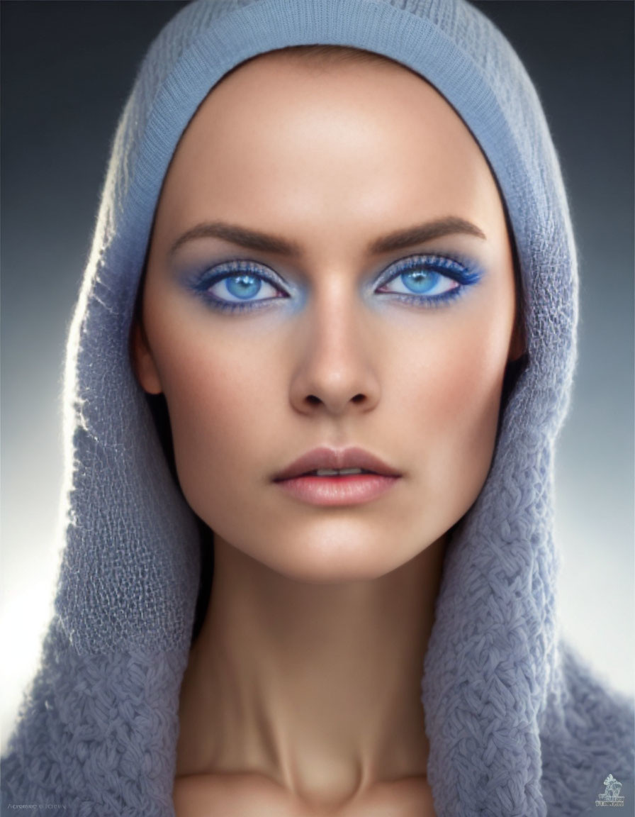 Woman with Striking Blue Eyes and Makeup in Soft Blue Headwrap