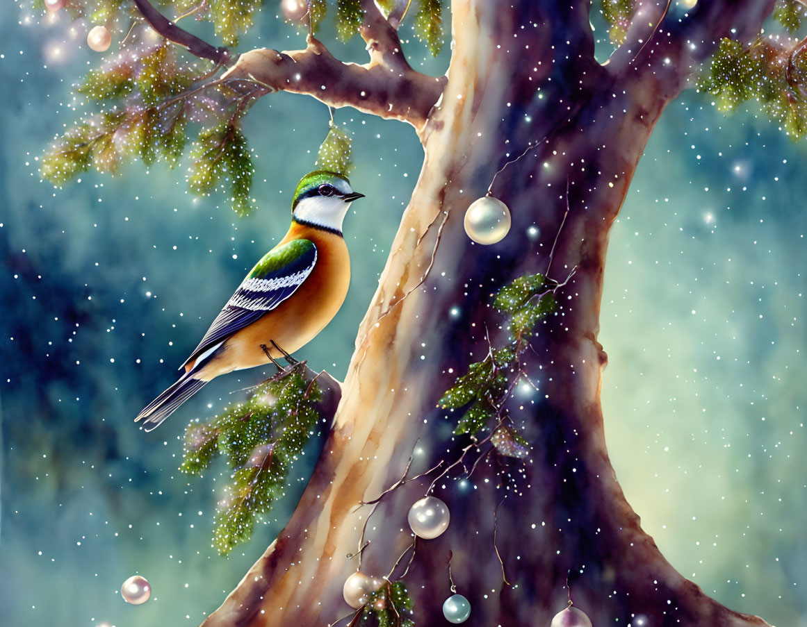 Colorful Bird Perched on Branch in Snowfall and Bubbles Amidst Mystical Background