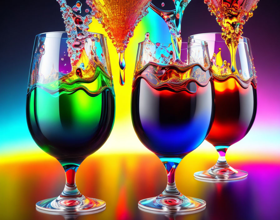 Vibrant rainbow liquids in three wine glasses on colorful backdrop