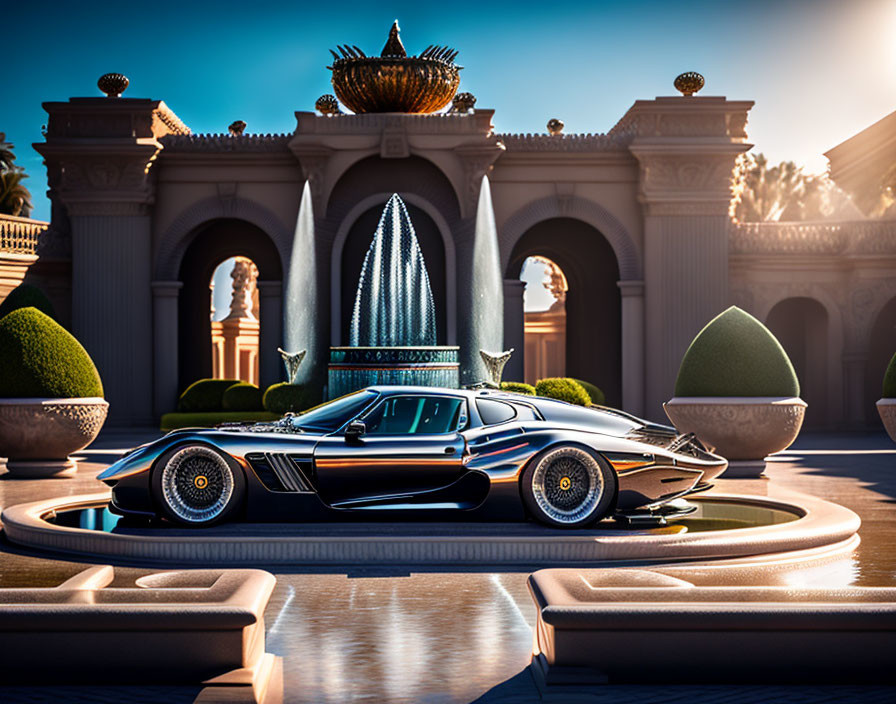 Luxury car parked at opulent mansion with fountain & classical architecture