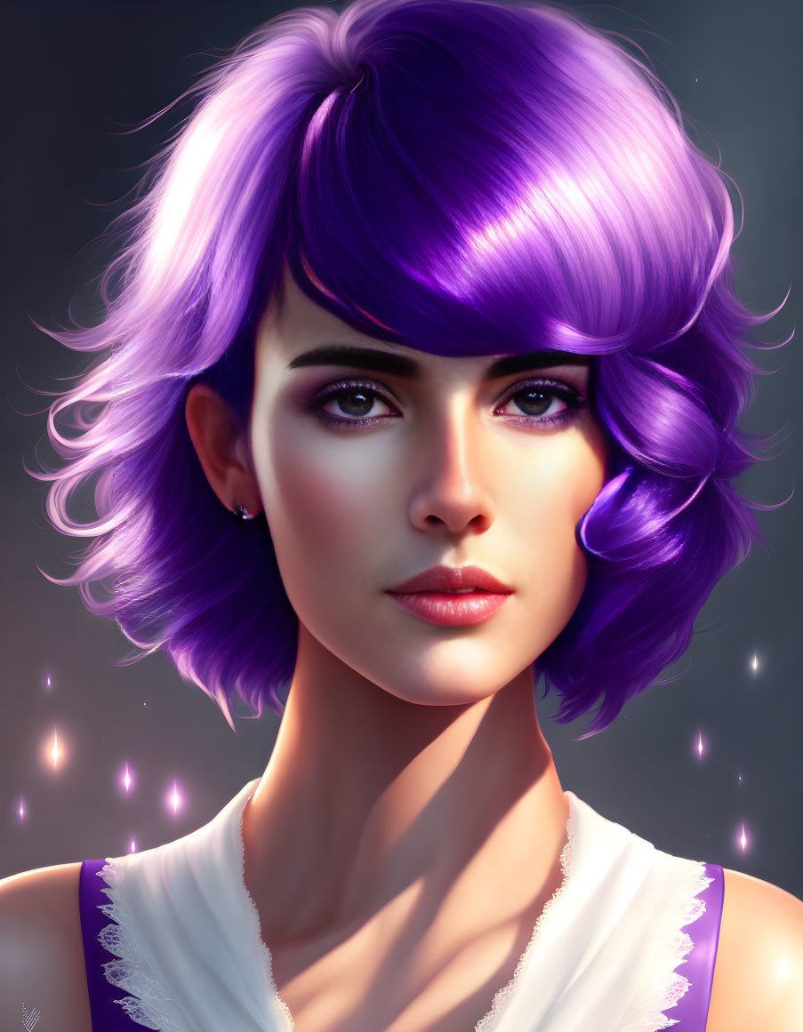 Vibrant purple-haired woman portrait on dark background