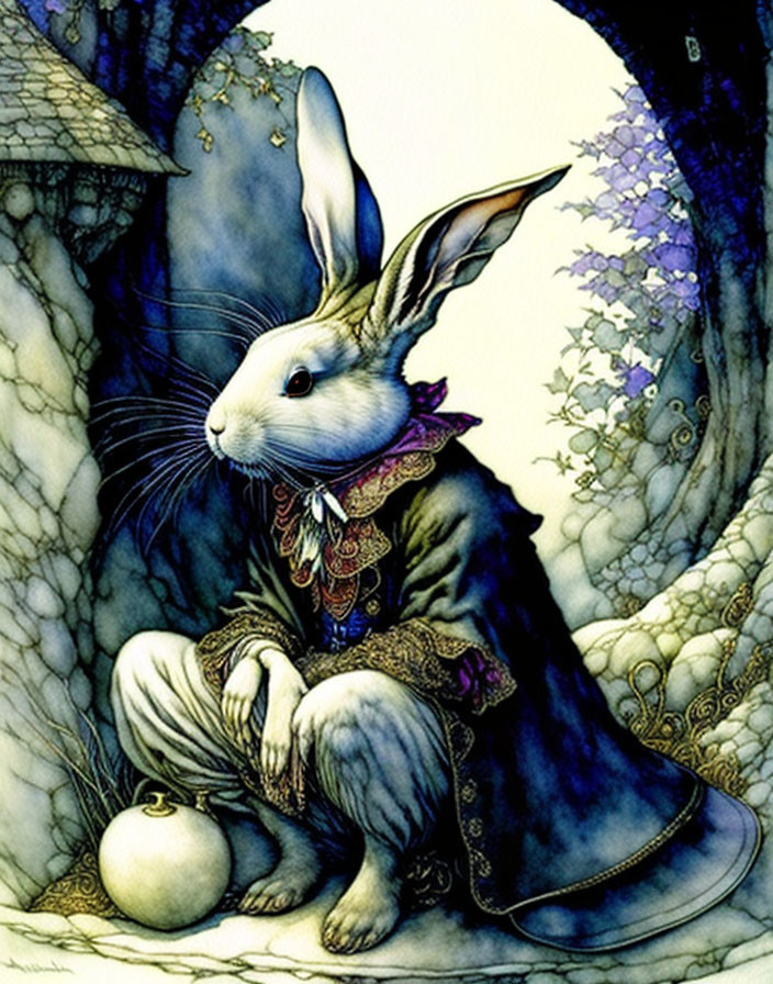 Anthropomorphic rabbit in regal purple coat with ruff, seated beside round object in rocky floral