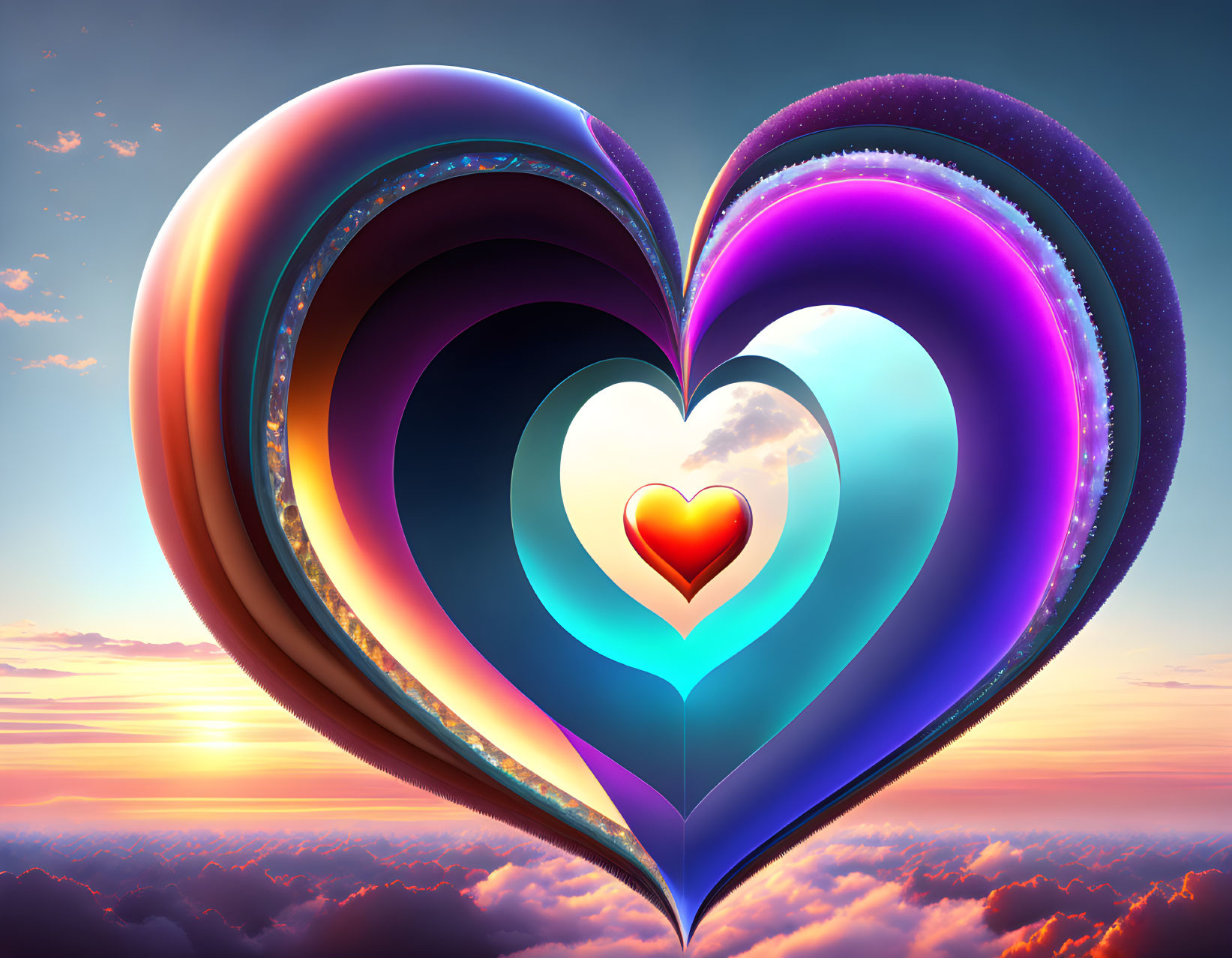 Multilayered heart in purple, blue, and orange hues under sunset sky