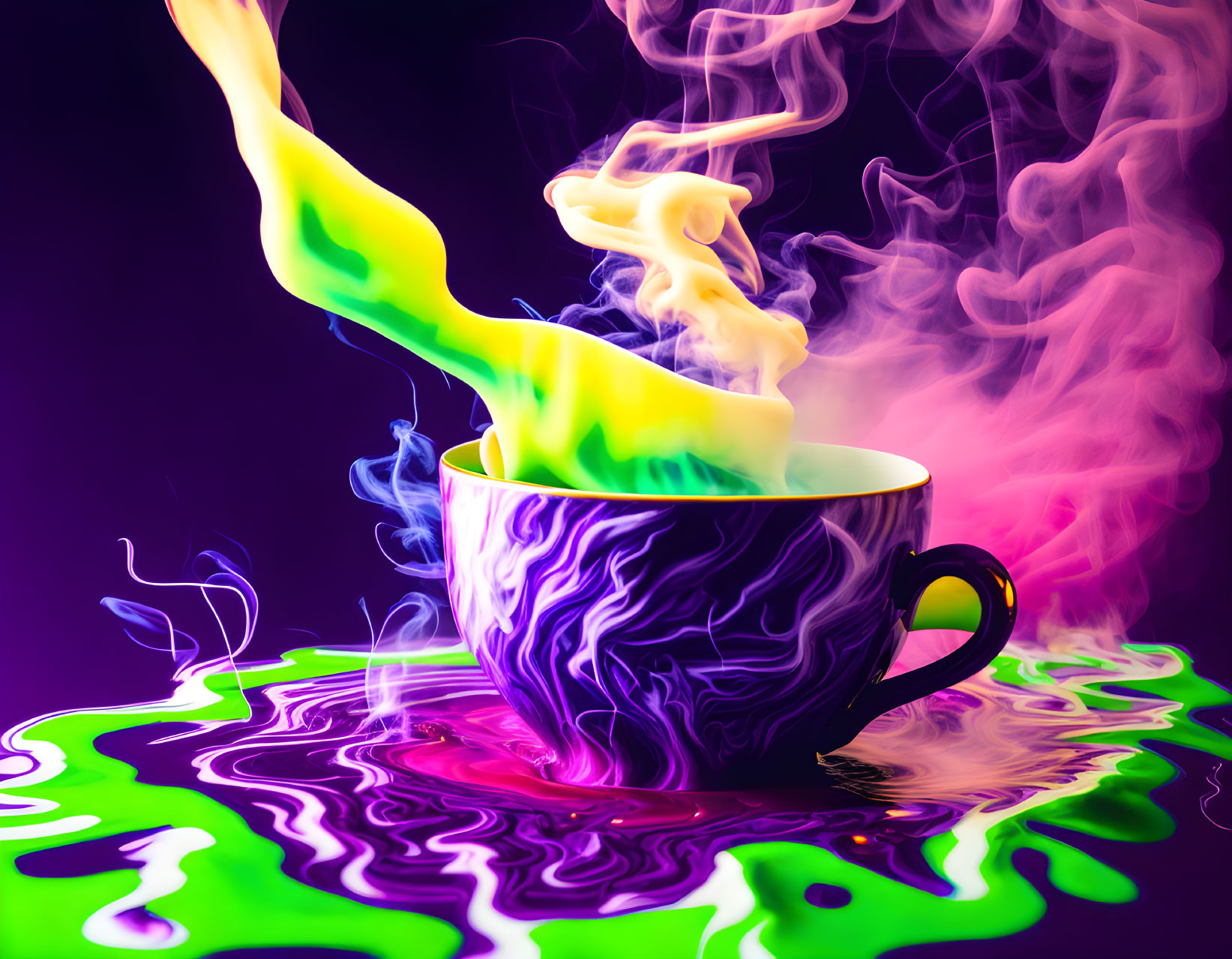 Colorful Psychedelic Pattern Cup with Green Liquid and Pink Yellow Steam