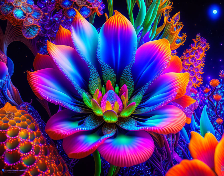 Colorful digital artwork: Fantastical flower with neon-like petals on starry backdrop