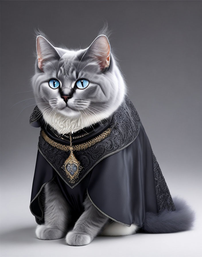 Majestic grey cat in royal black cloak with gold and gemstone details