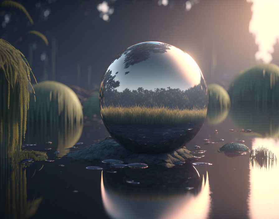 Reflective sphere on forest floor with rocks and foliage mirroring trees and sky at dusk