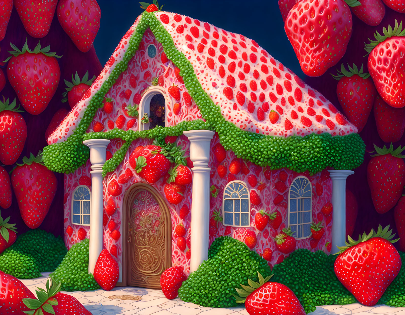 Cottage with Strawberry-Covered Thatch Roof Under Night Sky