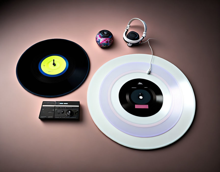 Vintage and modern music listening devices on pink surface