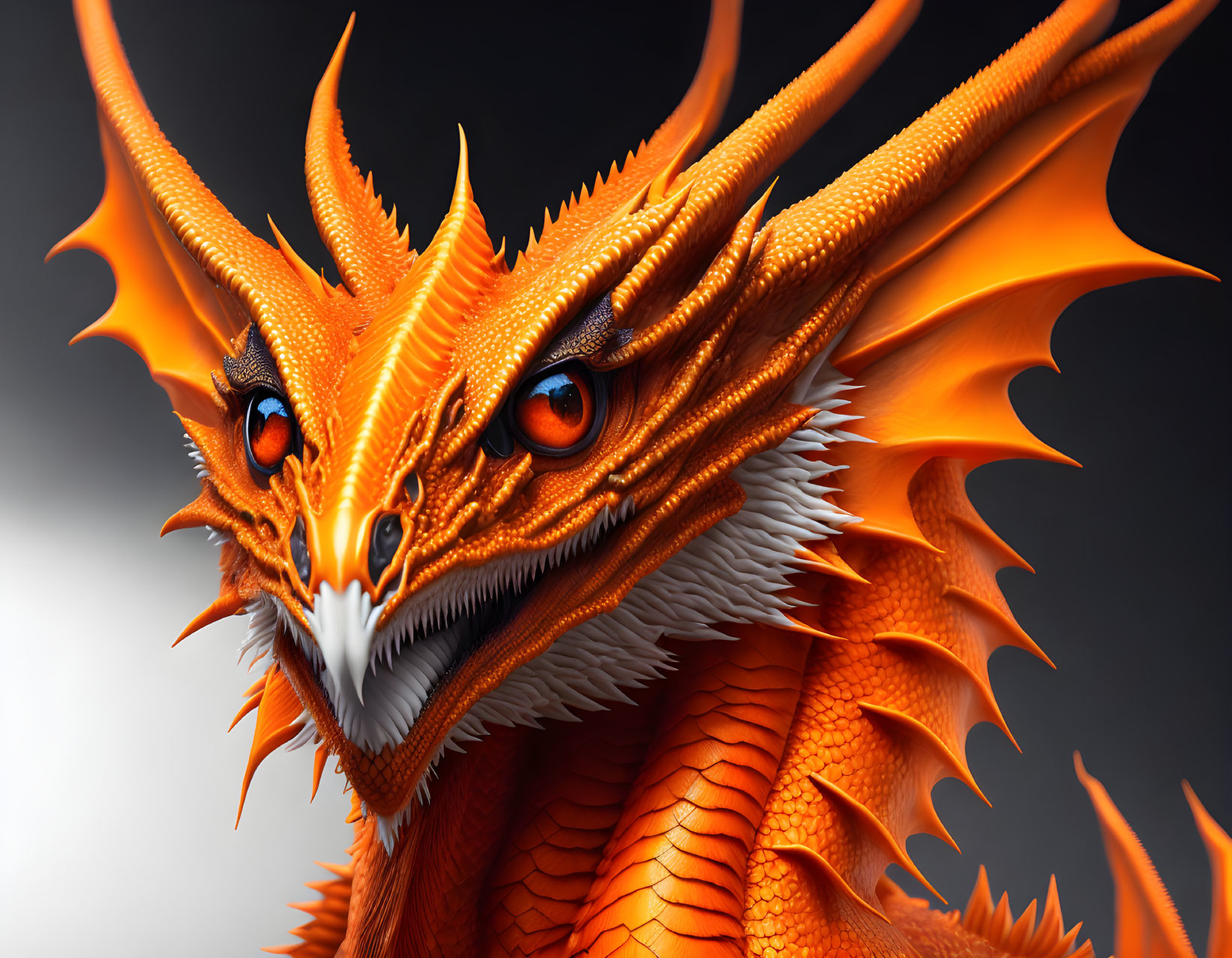 Detailed Close-Up of Fiery Dragon with Sharp Scales and Blue Eyes