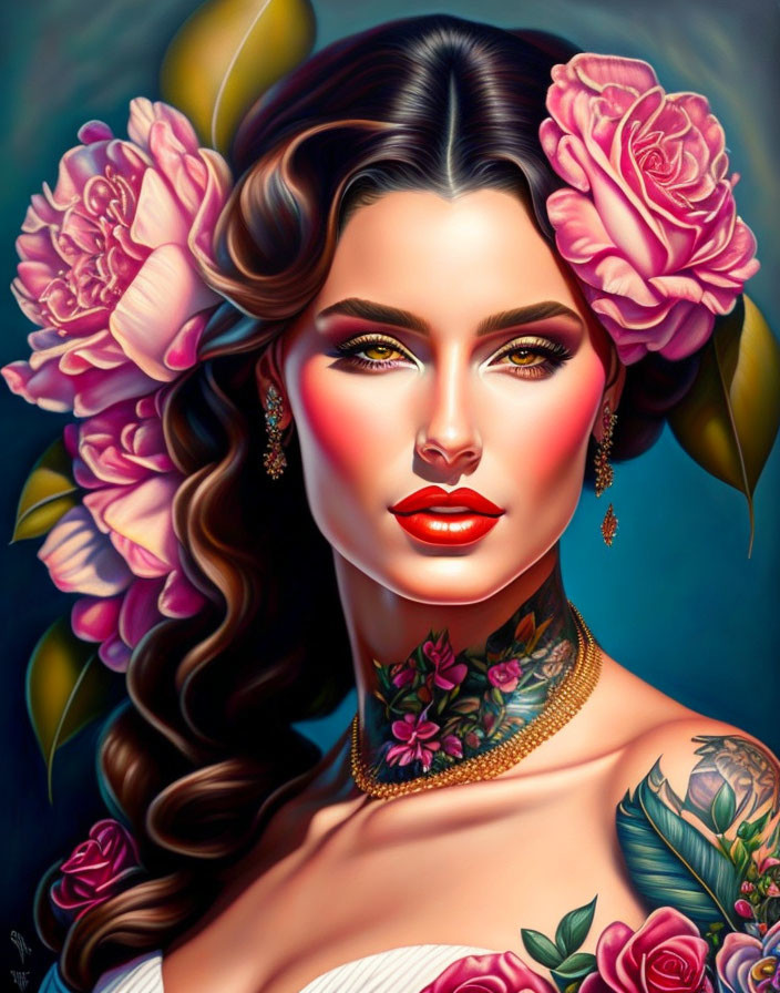 Illustration of woman with pink flower hair, tattooed neck, striking makeup on dark background