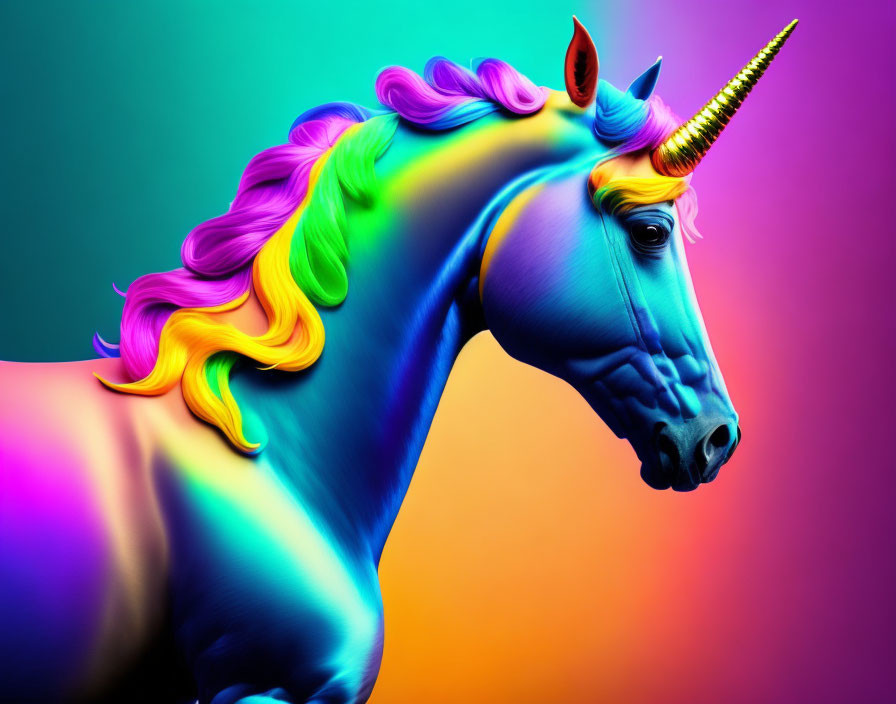 Colorful Unicorn with Gradient Body and Golden Horn on Vibrant Background