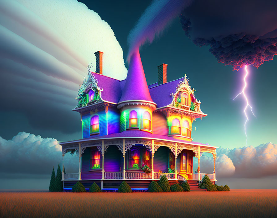 Victorian-style house with decorative trim under surreal sky