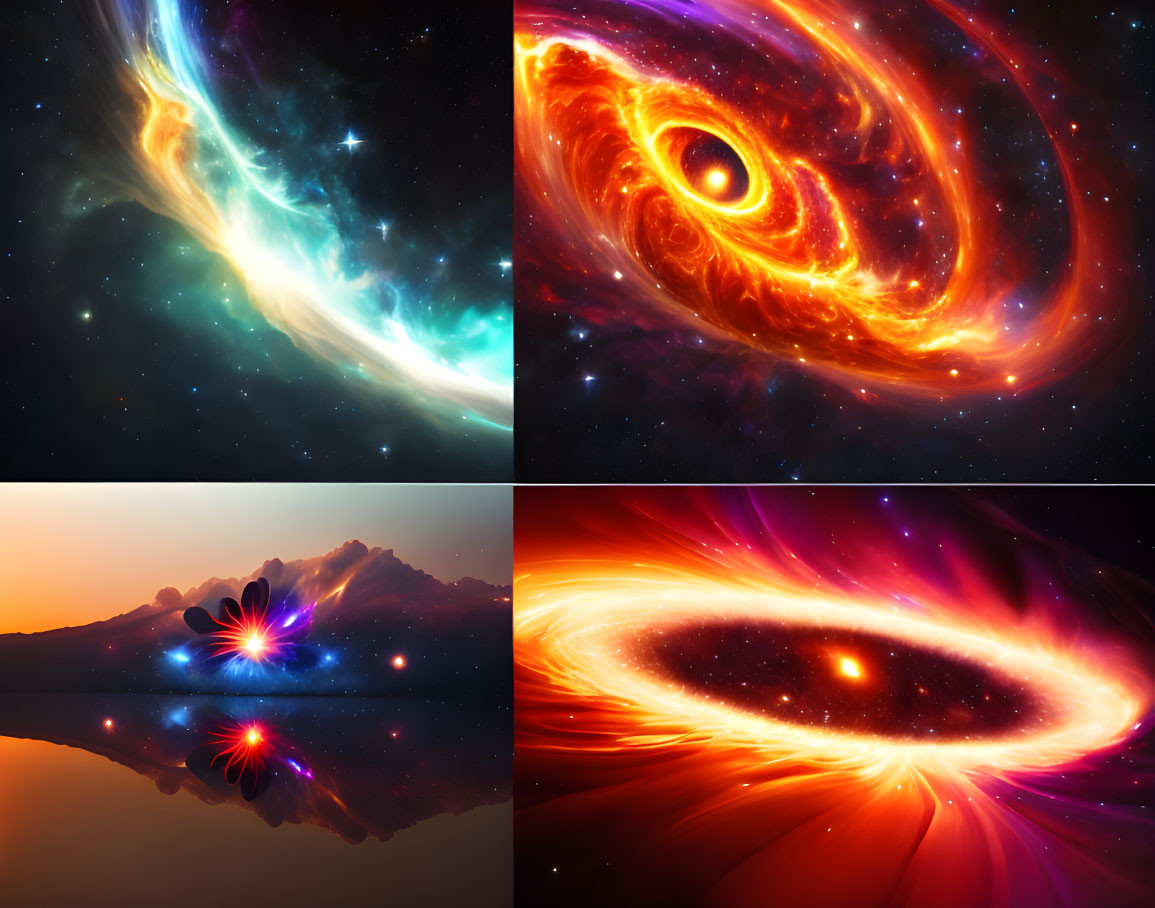 Vibrant space-themed illustrations: nebulae, galaxy, surreal landscape, black hole.