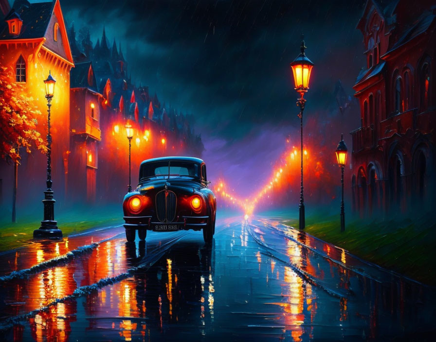 Vintage Car Night Drive on Wet Street Amid European Buildings
