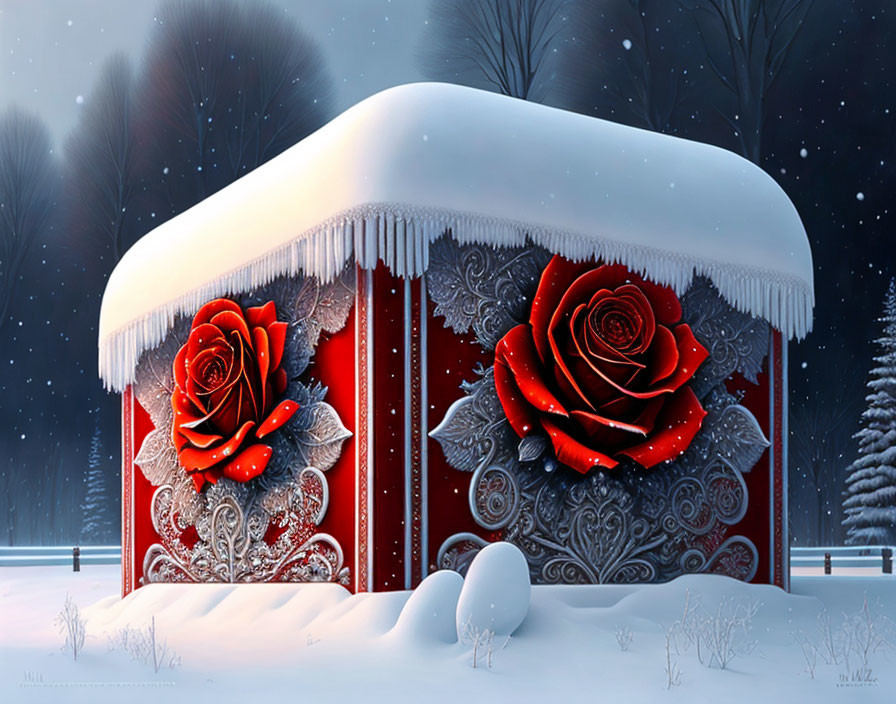 Snow-covered red cabin with intricate roses and frost patterns in tranquil forest