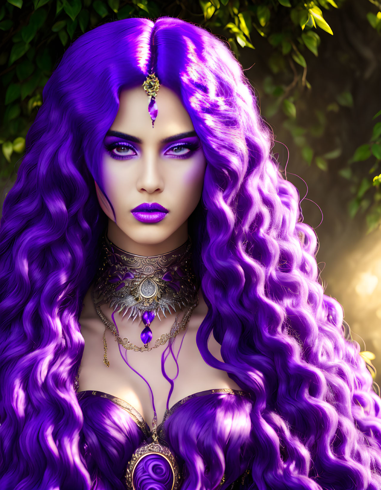 Fantasy digital art: Purple-haired woman with jewelry and purple eyes.