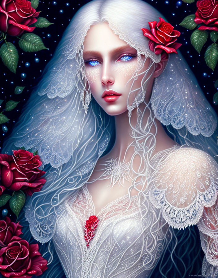 Illustration of woman with blue eyes, white hair, red roses, lace garments, floral background