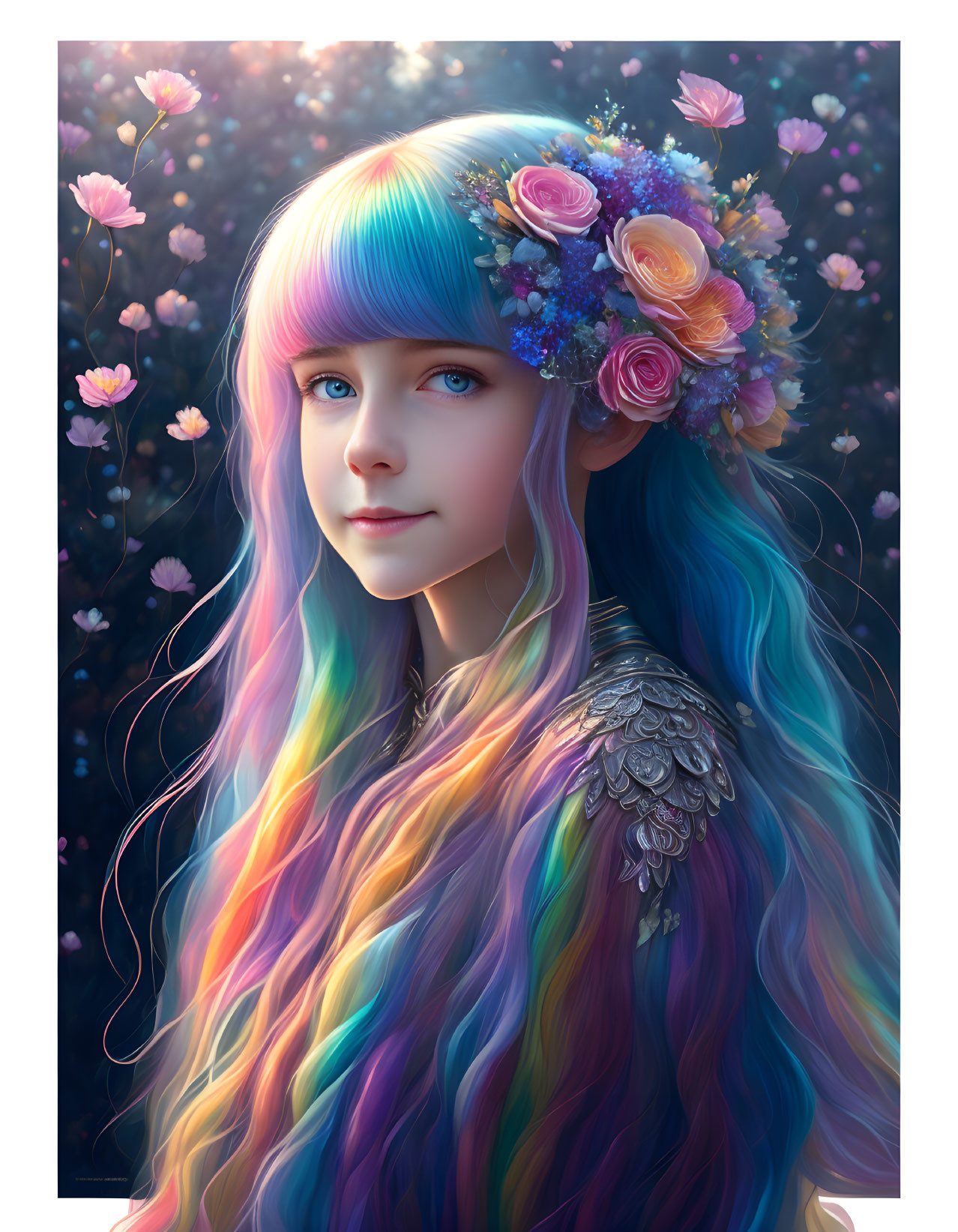 Colorful portrait of a person with rainbow hair and floral crown in magical setting