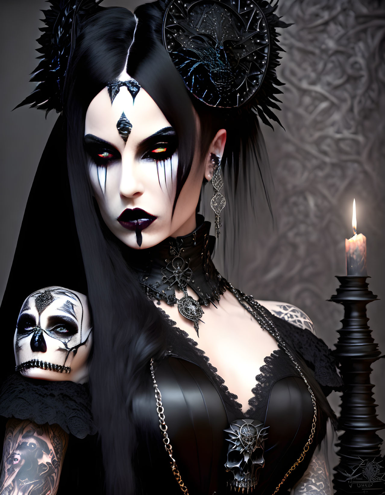 Gothic woman with skull, candle, and ornate accessories